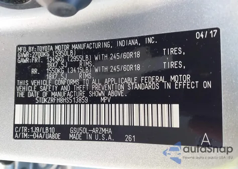 2017 Toyota Highlander Xle из США, поврежденный, VIN 5TDKZRFH8HS513859